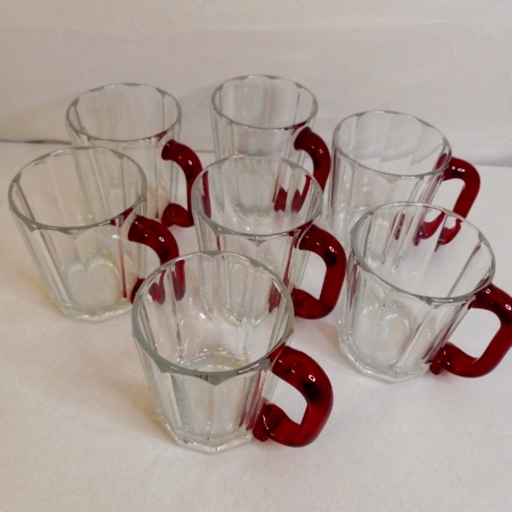 Coffee Espresso Crystal Glasses Tempered Demitasse Ruby Red Handles 3"H Set of 7